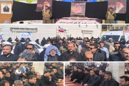 حضور شهردار ابوحمیظه مهندس سیدحسین نوری و اعضای شورای اسلامی شهر و جمعی از کارکنان شهرداری در نماز جمعه عبادی سیاسی و مراسم تشییع پیکرهای مطهر مدافعان امنیت